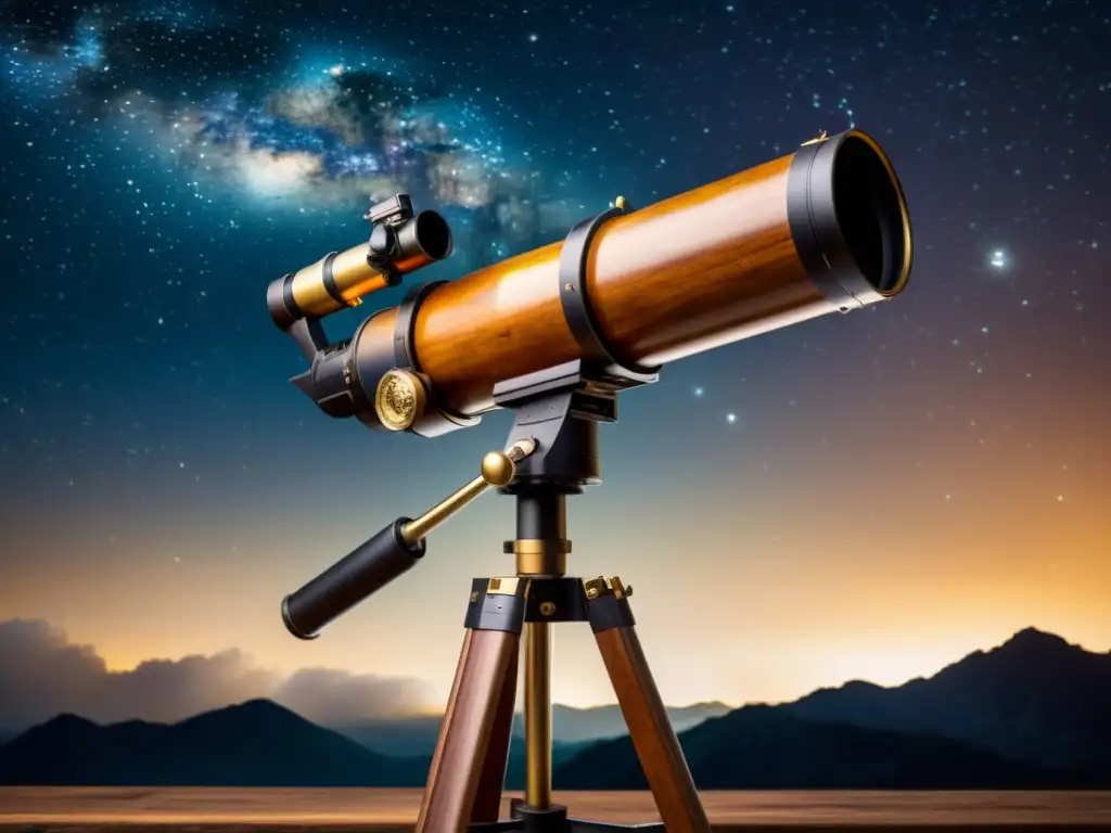 Telescopio vintage con filtro para observar constelaciones, mostrando el cielo estrellado en tonos cálidos y nostálgicos