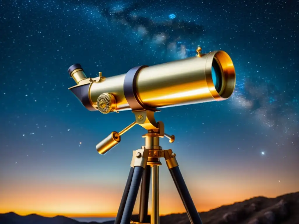 Telescopio vintage apuntando a galaxias irregulares en la exploración espacial bajo un cielo estrellado y cálido