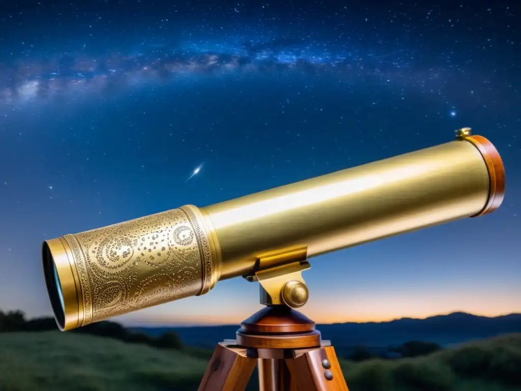 Telescopio vintage de latón con grabados detallados, sobre trípode de madera, en noche estrellada