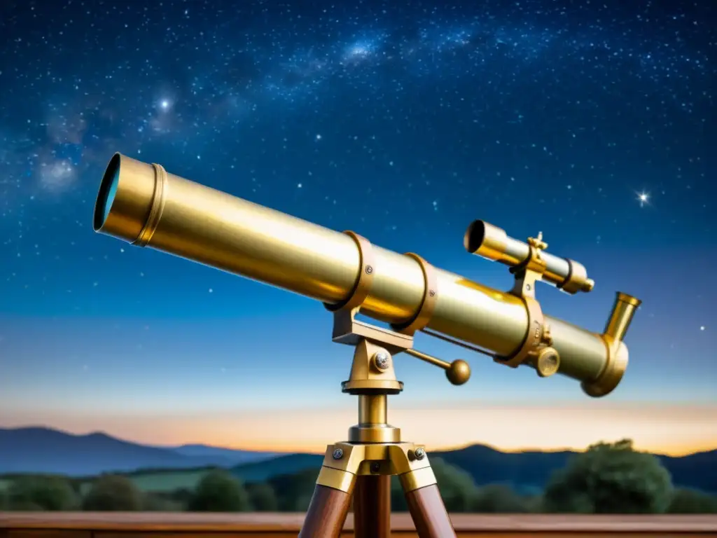 Telescopio vintage: Viaje estelar en la noche Un telescopio vintage de latón con grabados intrincados, sobre un trípode de madera envejecida, enmarcado por un cielo estrellado