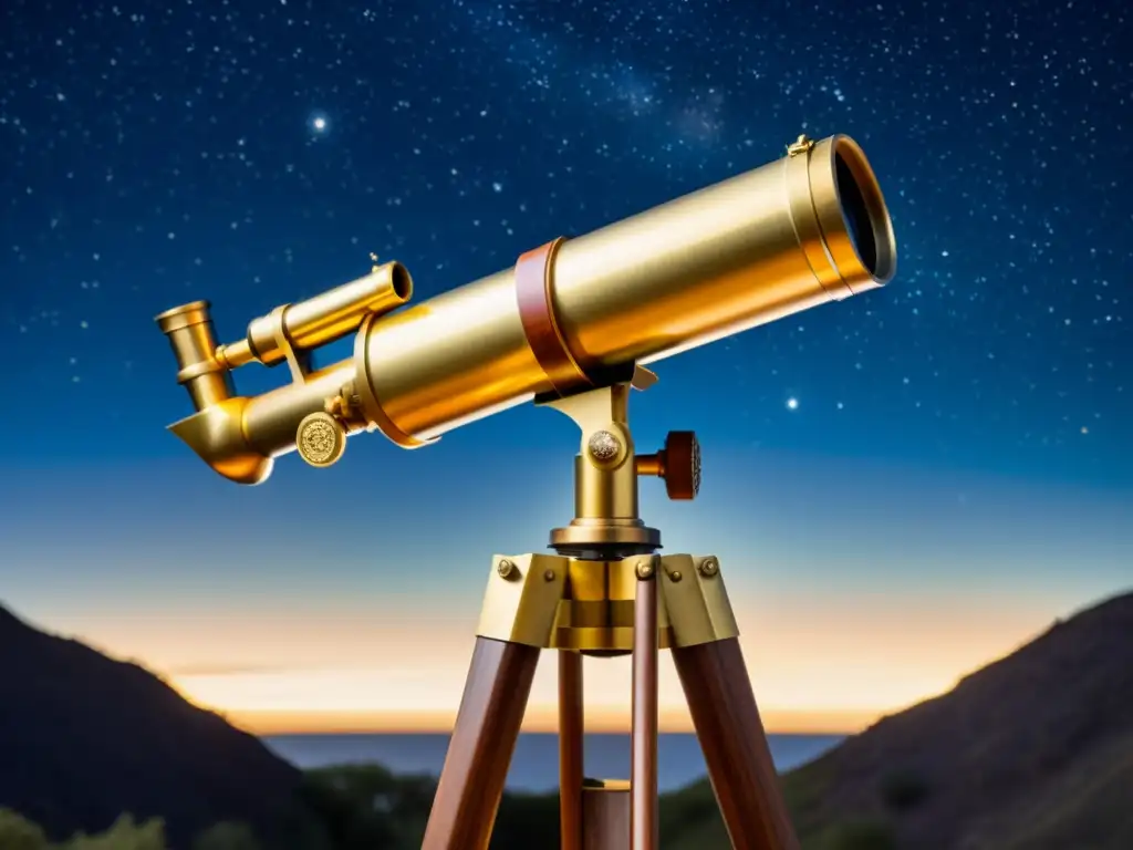 Un telescopio vintage de latón y madera apuntando al cielo estrellado, evocando un sentido de asombro y conexión celestial