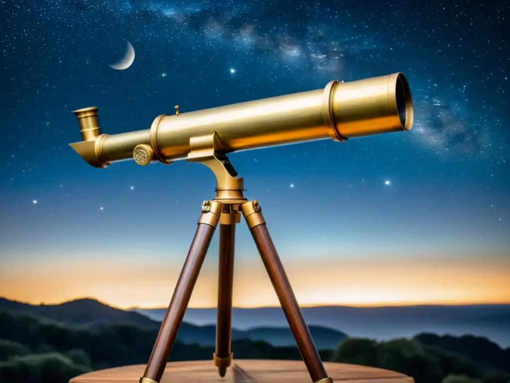 Telescopio vintage de latón sobre trípode de madera, apuntando al cielo estrellado