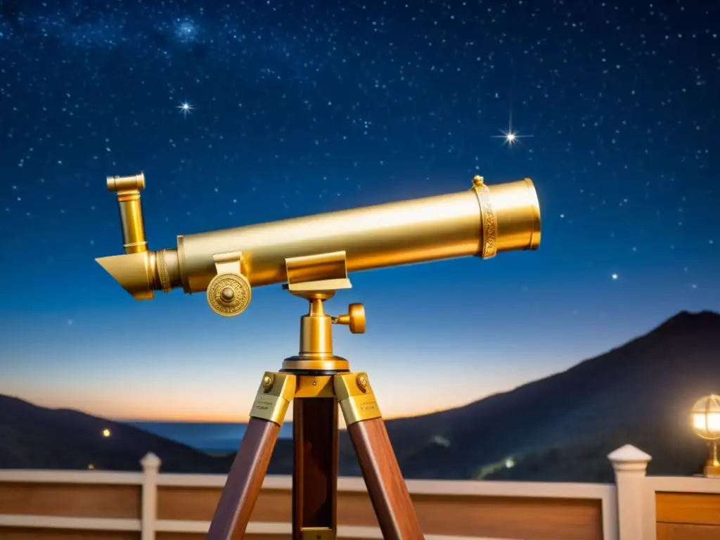 Un telescopio vintage de latón sobre trípode de madera, observando un cielo estrellado, reflejando el rol de la mujer en astronomía