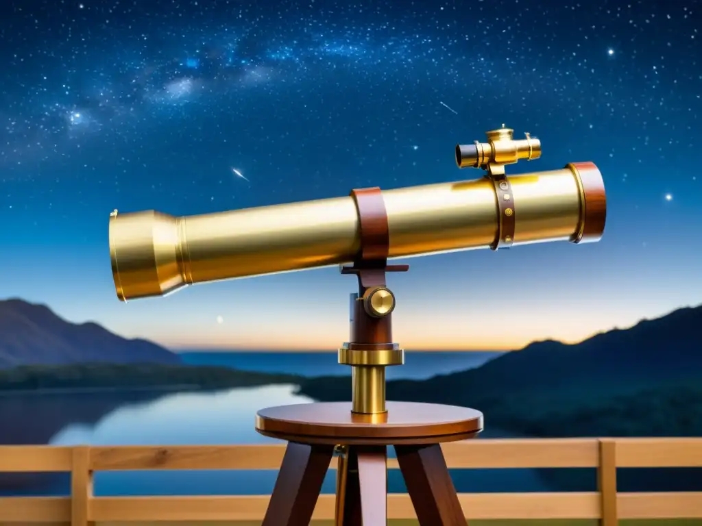 Un telescopio vintage de latón y madera observa constelaciones en una noche estrellada, evocando la maravilla de la exploración