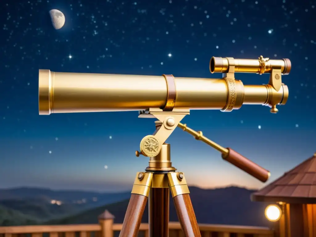 Telescopio vintage en trípode de madera con detalles en latón, bajo un cielo estrellado