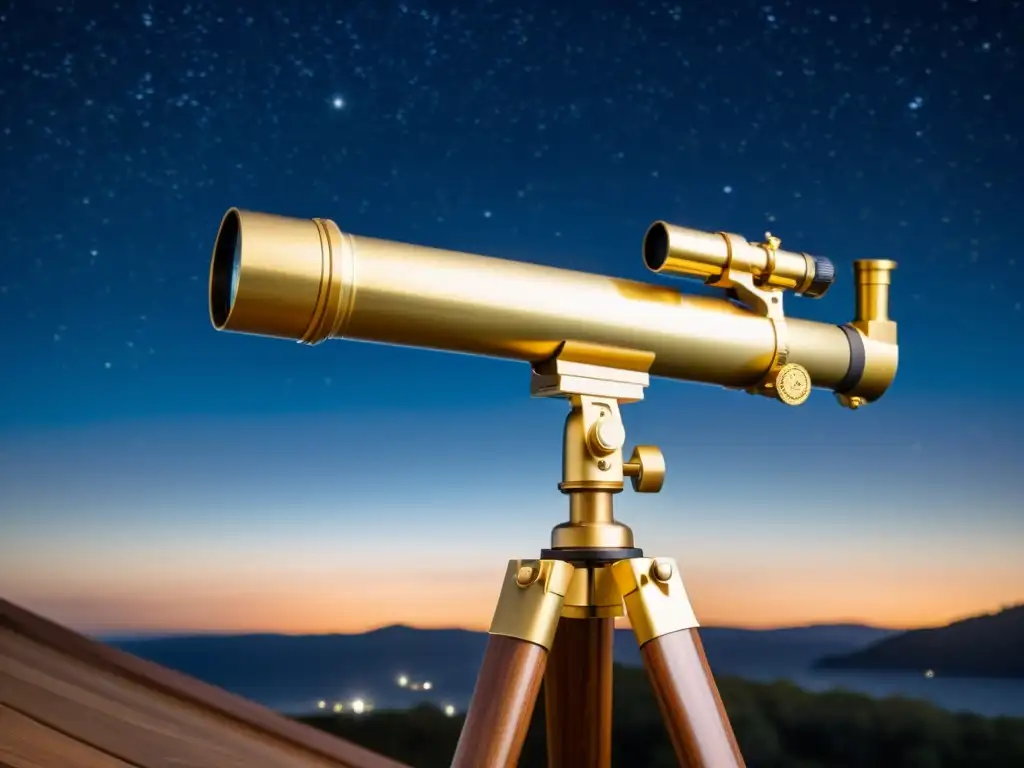 Un telescopio vintage sobre trípode de madera, con detalles de latón, en una noche estrellada