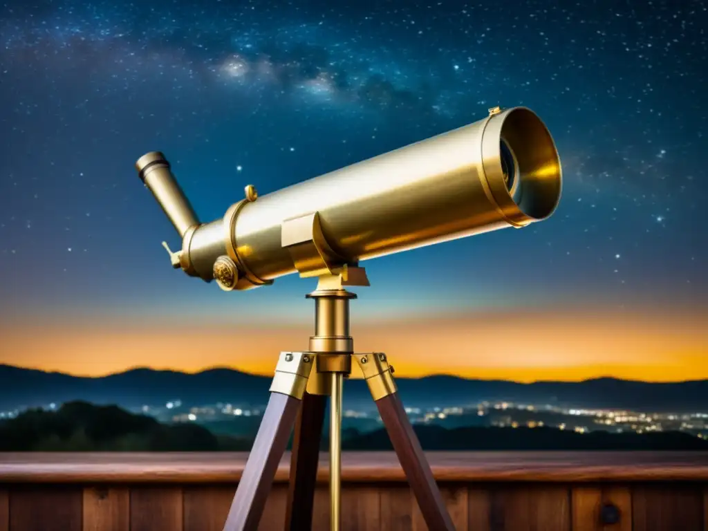 Telescopio vintage de latón sobre trípode de madera, enmarcado por el cielo estrellado