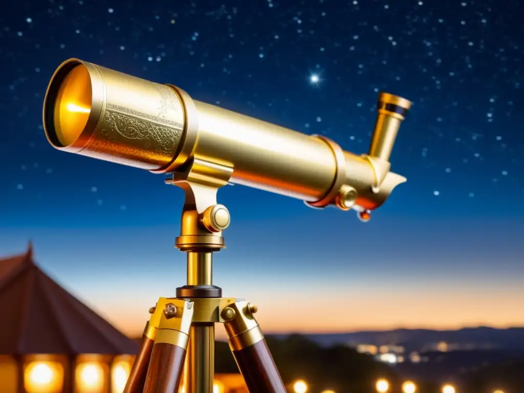 Telescopio vintage de latón en trípode de madera, observación estelar con telescopios bajo un cielo estrellado y una luz cálida de linterna