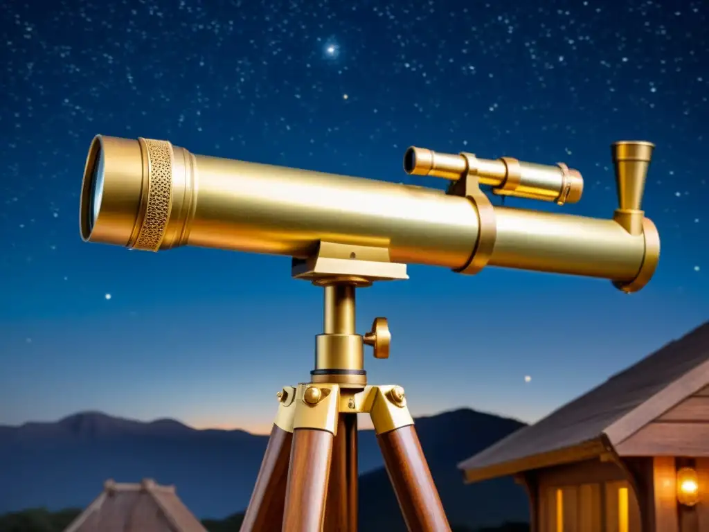 Telescopio vintage sobre trípode de madera, observando las estrellas en la noche