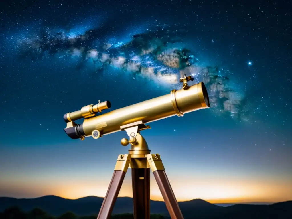 Un telescopio vintage de latón sobre trípode de madera, observando las estrellas