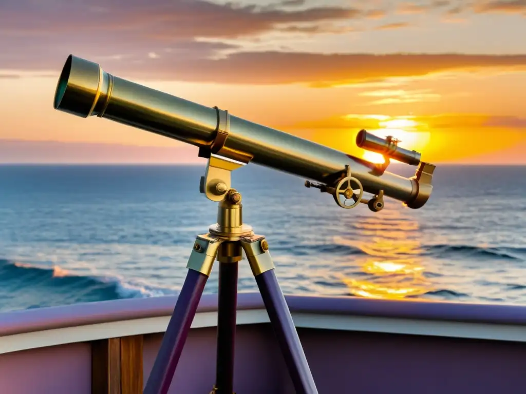 Telescopio vintage de latón sobre trípode de madera, frente a un horizonte de mar sereno al atardecer