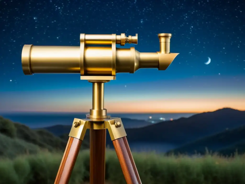 Telescopio vintage en trípode de madera, reflejando la luz de una nebulosa en la noche estrellada, evocando la exploración en astronomía