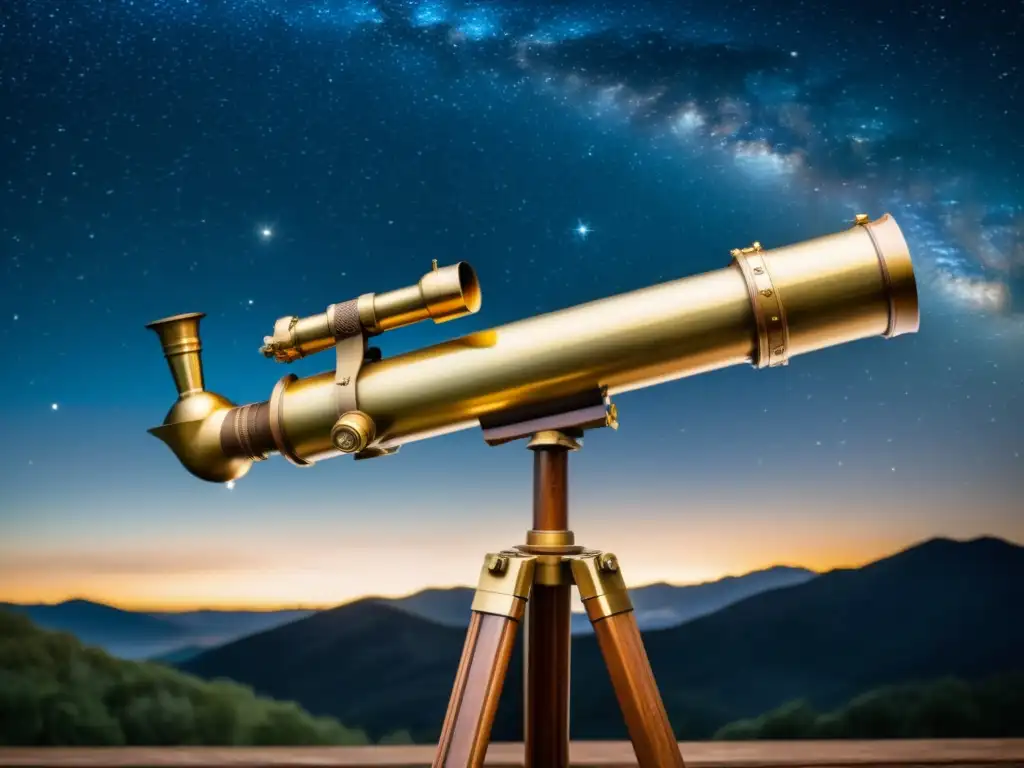 Telescopio vintage de latón sobre trípode de madera en una noche estrellada