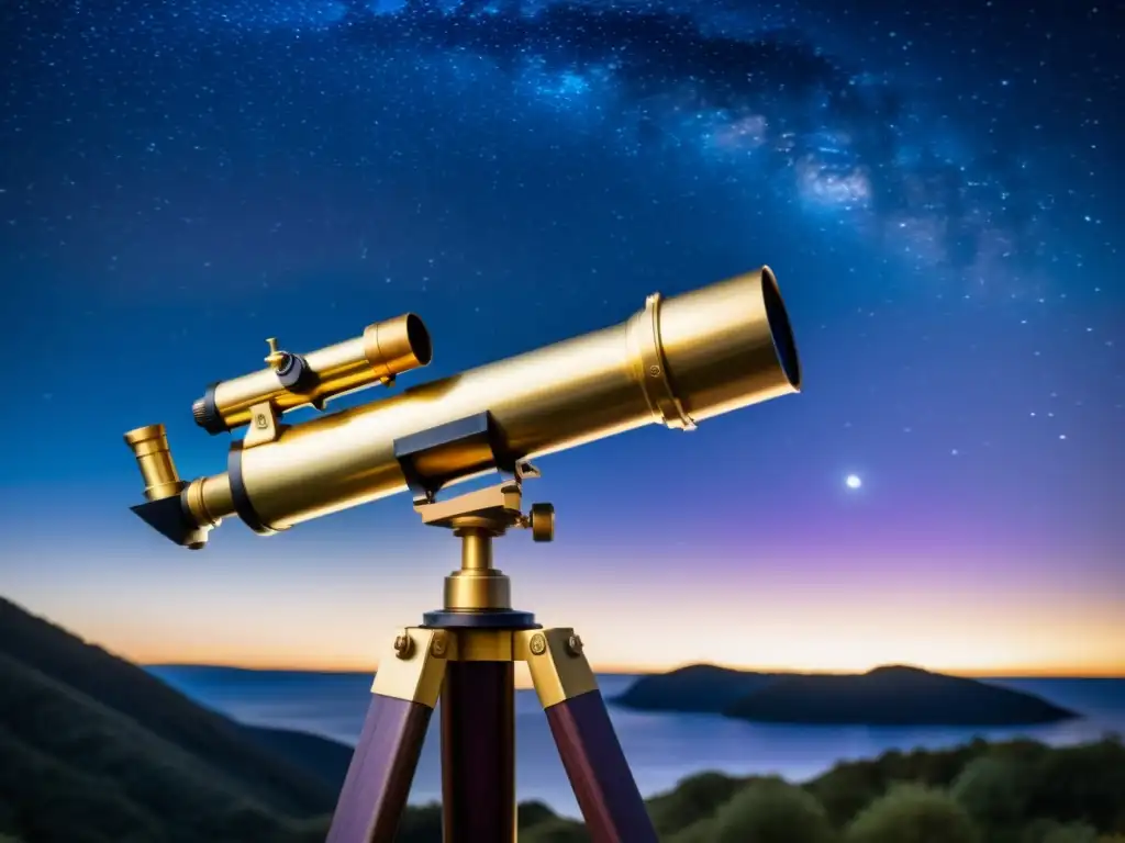 Telescopio vintage de latón en trípode de madera, reflejo de estrellas