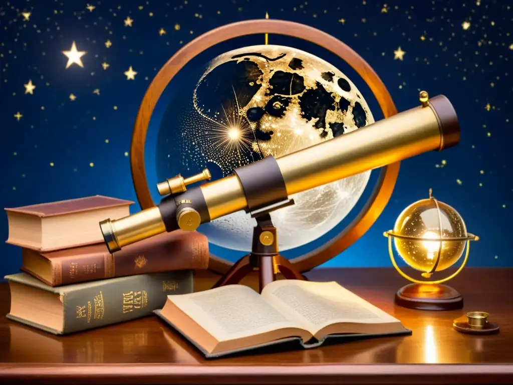 Un telescopio vintage de latón sobre trípode de madera, rodeado de libros y mapas astronómicos antiguos