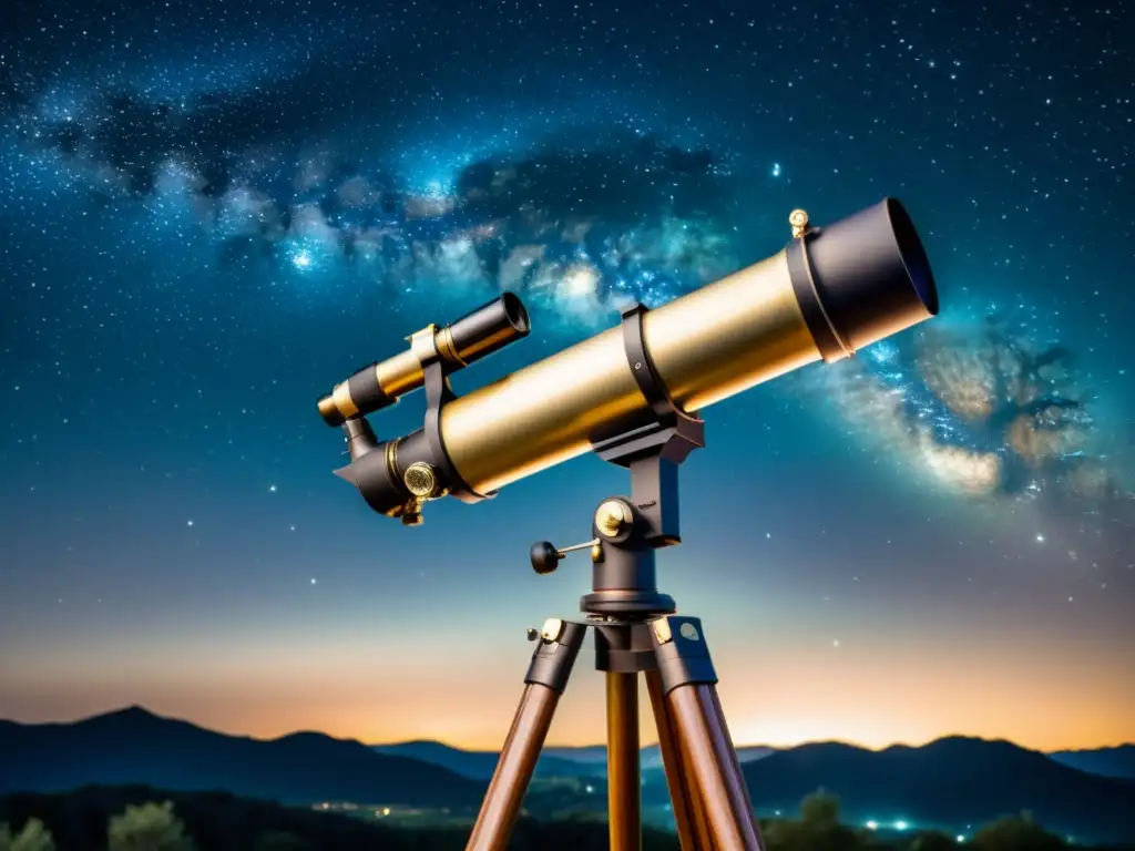 Un telescopio vintage de metal en un cielo estrellado con la Vía Láctea