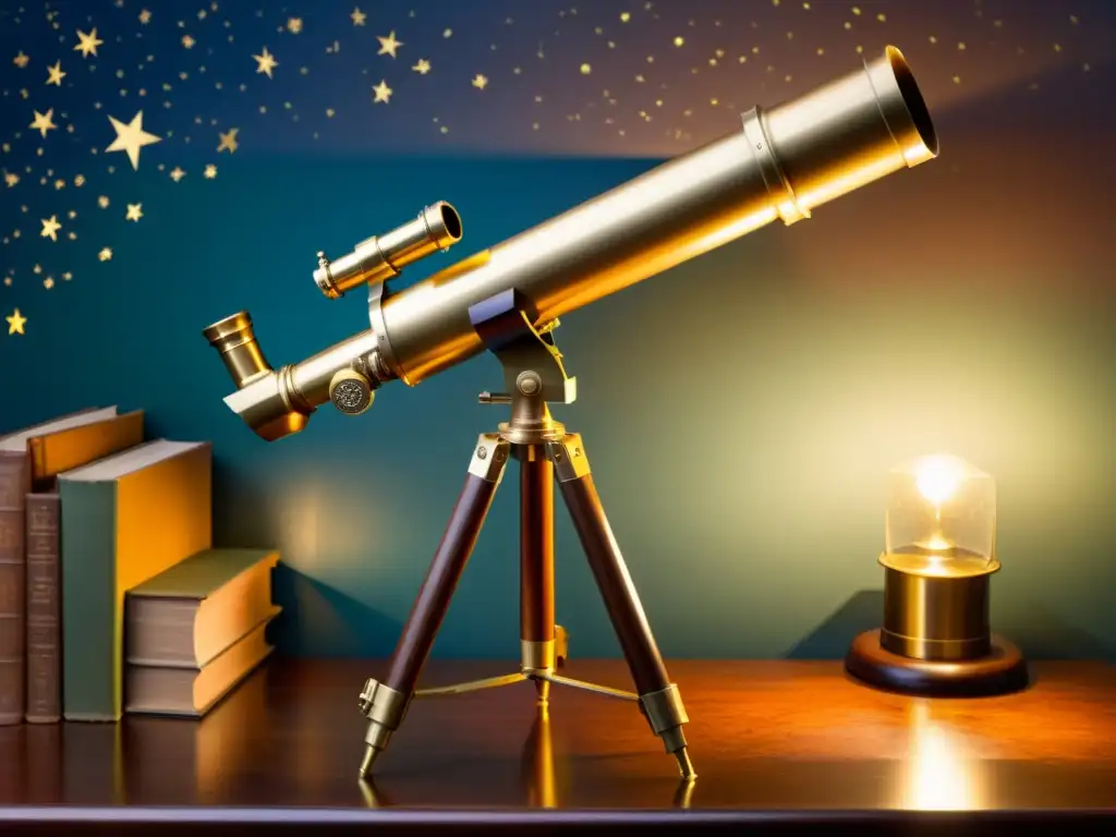 Un telescopio vintage para niños para astronomía descansa sobre trípode de madera, listo para explorar el universo estrellado con asombro y nostalgia