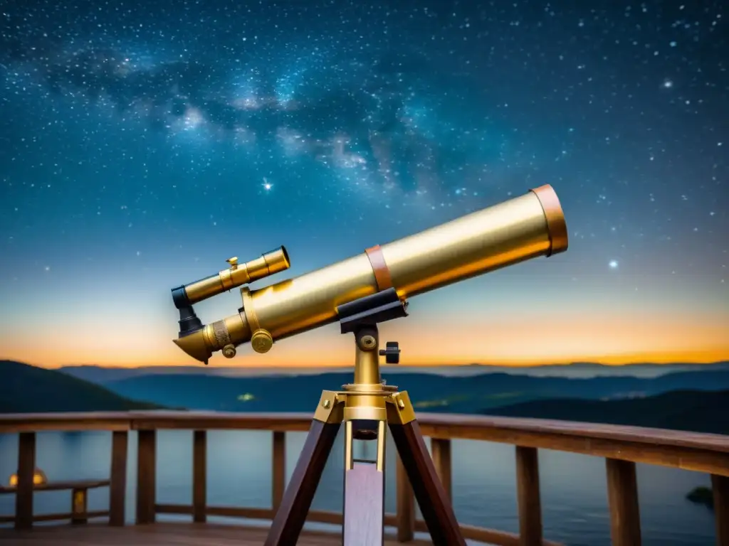 Telescopio vintage bajo la Vía Láctea Telescopio vintage en noche estrellada, constelaciones brillantes