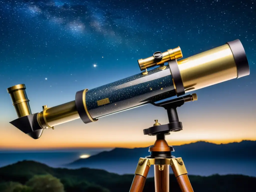 Un telescopio vintage en una noche estrellada, mostrando la Vía Láctea