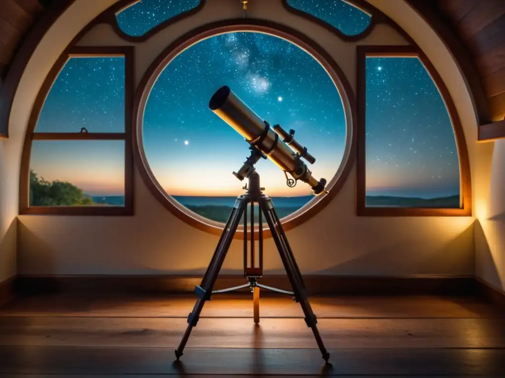 Telescopio vintage apuntando a la noche estrellada a través de una ventana, creando un ambiente cálido y nostálgico