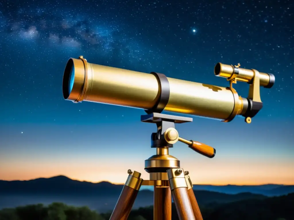 Telescopio vintage detallando la Vía Láctea en la noche estrellada, evocando la exploración cósmica