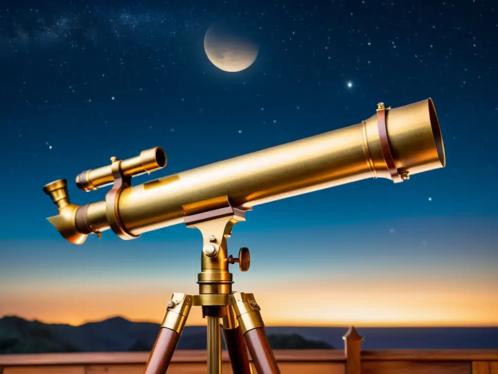 Un telescopio vintage de latón en una noche estrellada, montado en un trípode de madera con la luna y galaxias distantes visibles a través de su lente