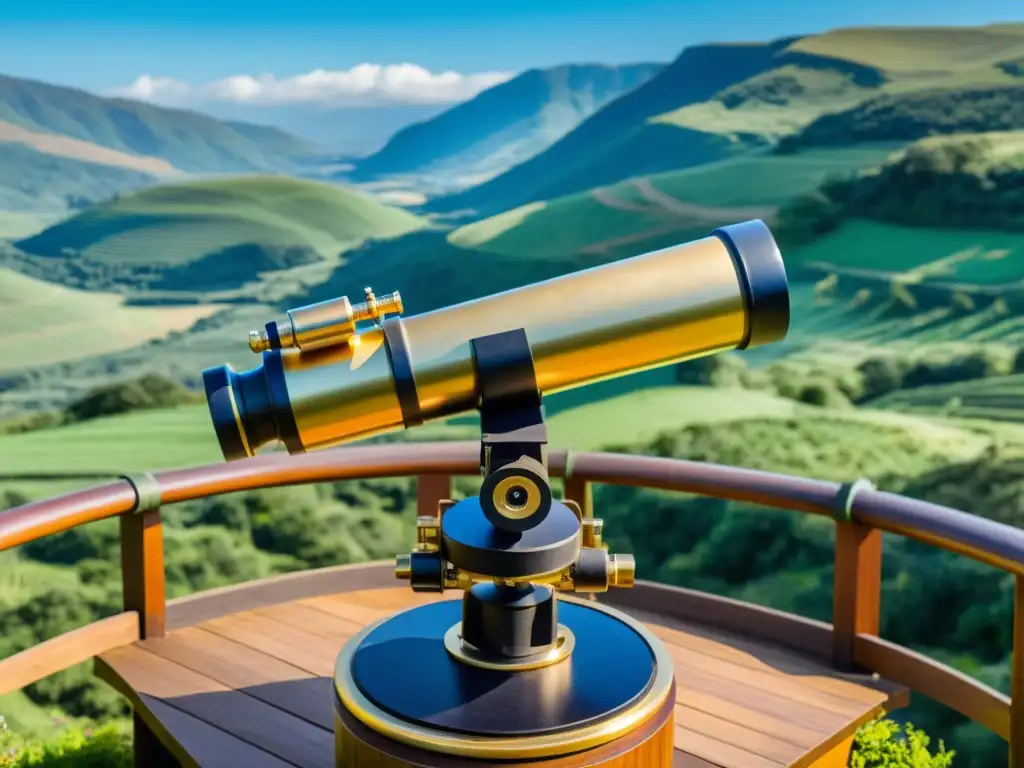 Telescopio vintage en observatorio de madera, integrando energías renovables con vista a valle verde y colinas, bajo cielo azul brillante