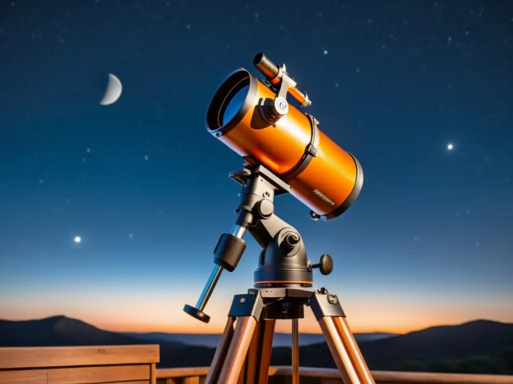 Un telescopio Celestron 8SE vintage en un trípode de madera rústico bajo un cielo estrellado