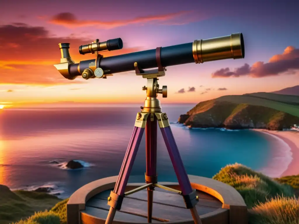 Un telescopio vintage en un trípode de madera, observando el cielo desde islas estelares al atardecer en un escenario nostálgico y vibrante