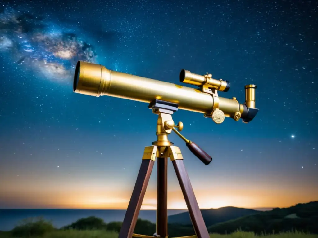 Un telescopio vintage de latón sobre un trípode de madera en una noche estrellada, iluminado por una linterna