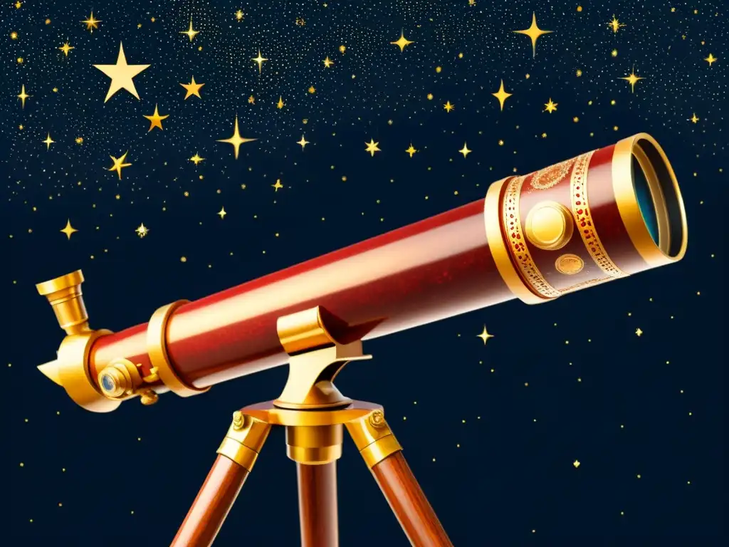 Telescopio vintage apuntando a una vibrante constelación, evocando exploración detallada de constelaciones y estrellas en colores ricos