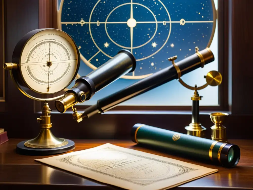 Dos telescopios refractores, uno acromático y otro apocromático, junto a libros y mapas astronómicos vintage en una mesa de madera iluminada por una lámpara de escritorio antigua