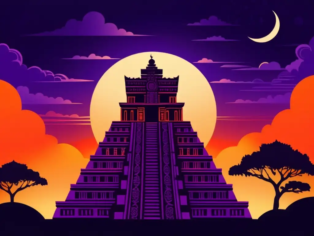 Un templo maya se recorta contra un atardecer anaranjado y morado, con el sol parcialmente cubierto por la luna