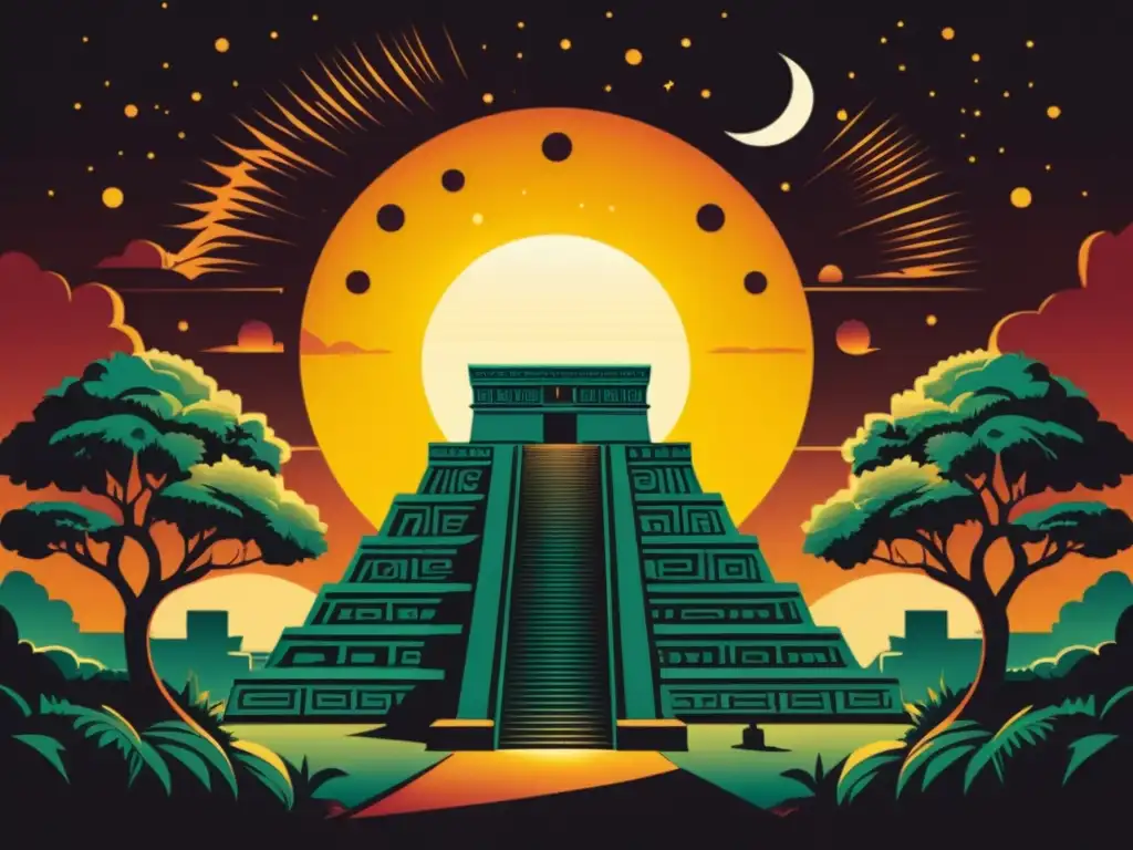 Un templo maya con un eclipse solar de fondo, representa la influencia de los eclipses en la mitología indígena