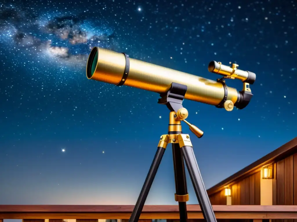 Tendencias observación astronómica doméstica: Un telescopio vintage en un balcón bajo un cielo estrellado nostálgico