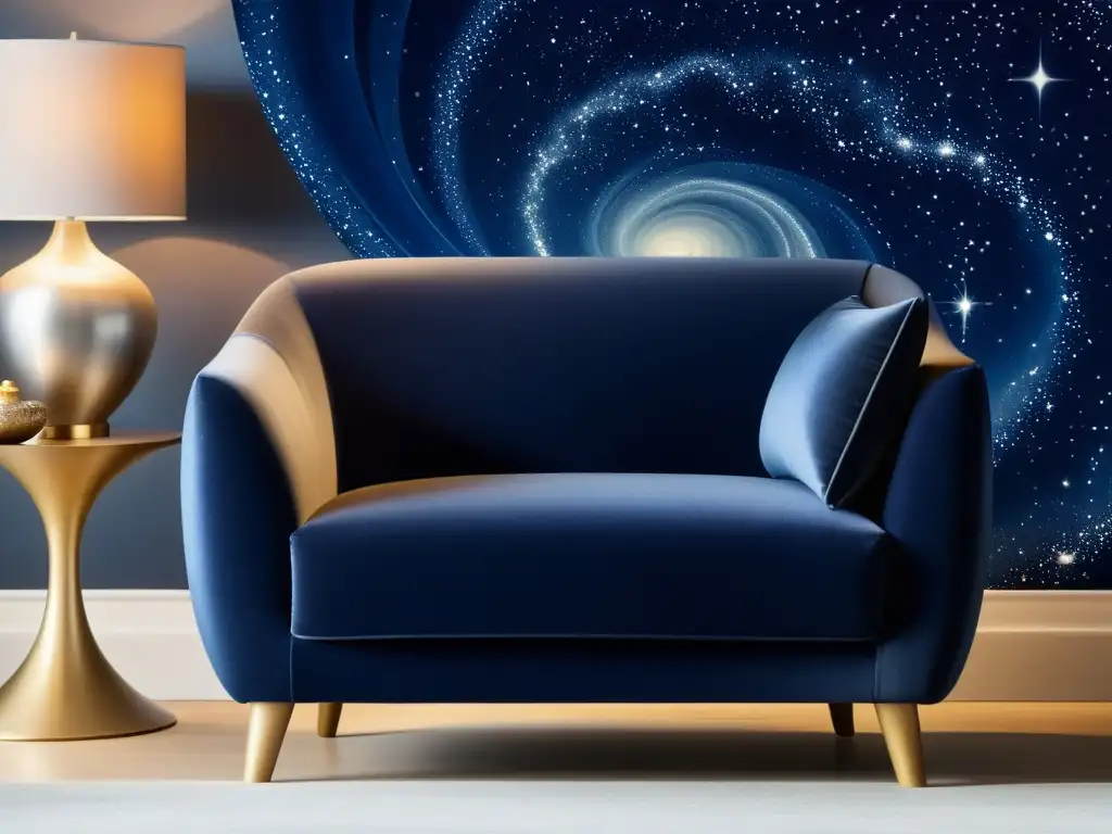 Textiles inspirados en el cosmos para el hogar: Tela vintage con patrón de galaxia en índigo y plata, sobre una silla, iluminada por una lámpara