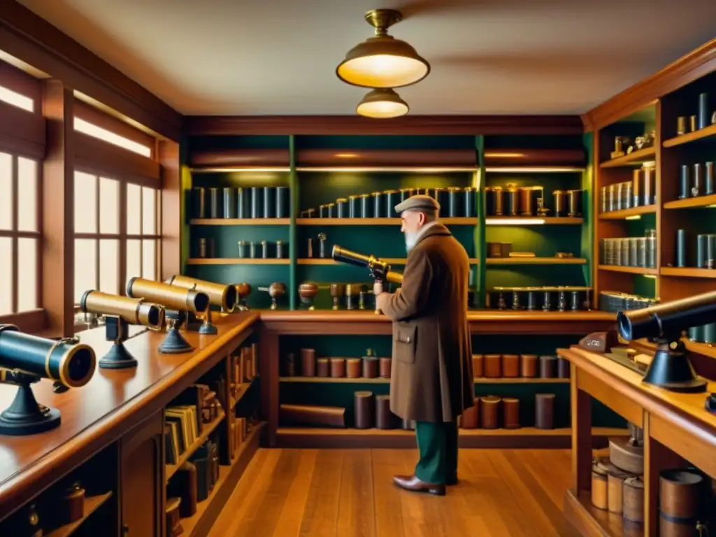 Tienda de telescopios antiguos: descubre maravillas del pasado Tienda de telescopios vintage del siglo XX con ambiente acogedor y el experto dando consejos para elegir telescopio principiante