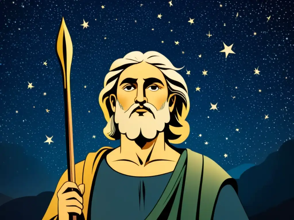 Tiresias, el profeta ciego de la mitología griega, bajo un cielo estrellado con constelaciones formándose a su alrededor