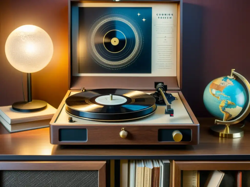 Un tocadiscos vintage con un vinilo cósmico girando en la atmósfera nostálgica de una habitación íntima