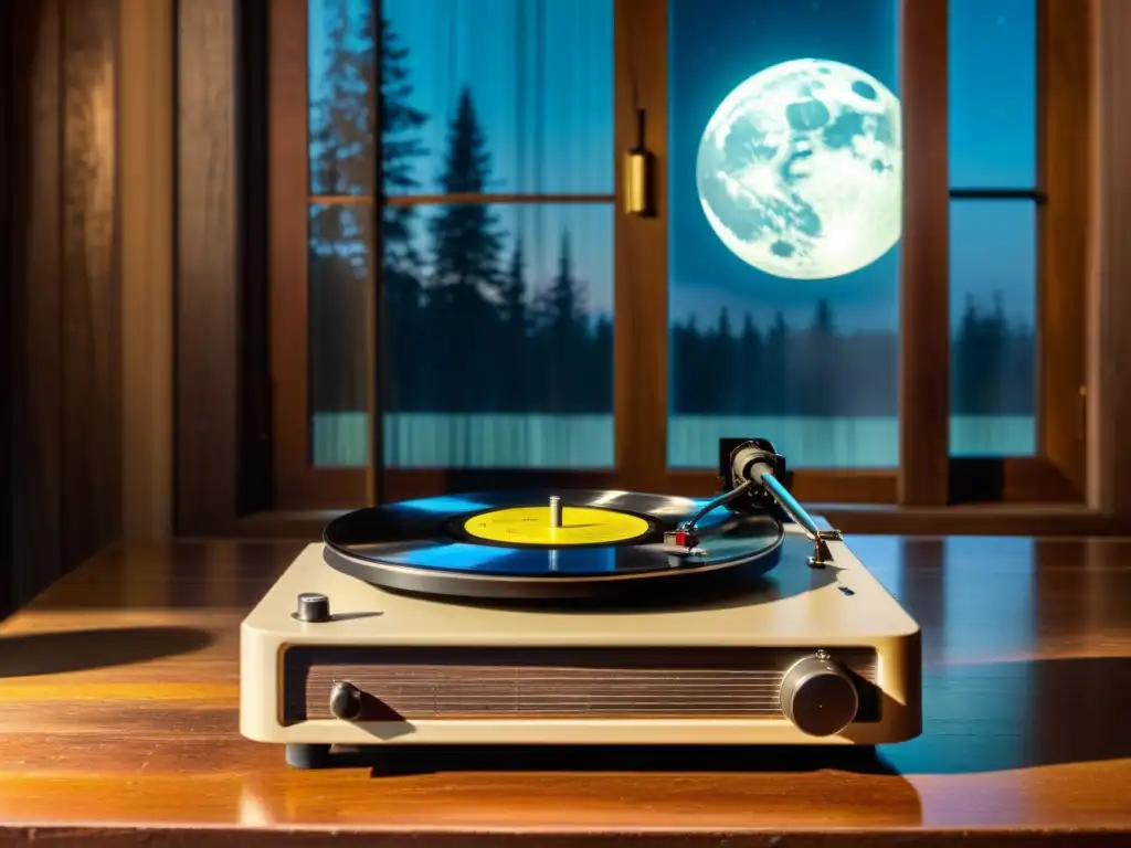 Un tocadiscos vintage con un vinilo lunar girando, evocando la influencia lunar en la música