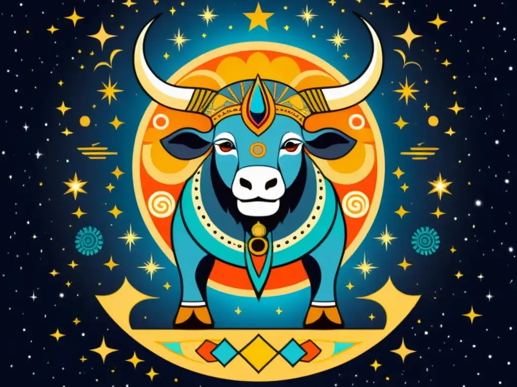 Ilustración vintage de un toro celestial con motivos egipcios y cretenses, rodeado de símbolos y estrellas