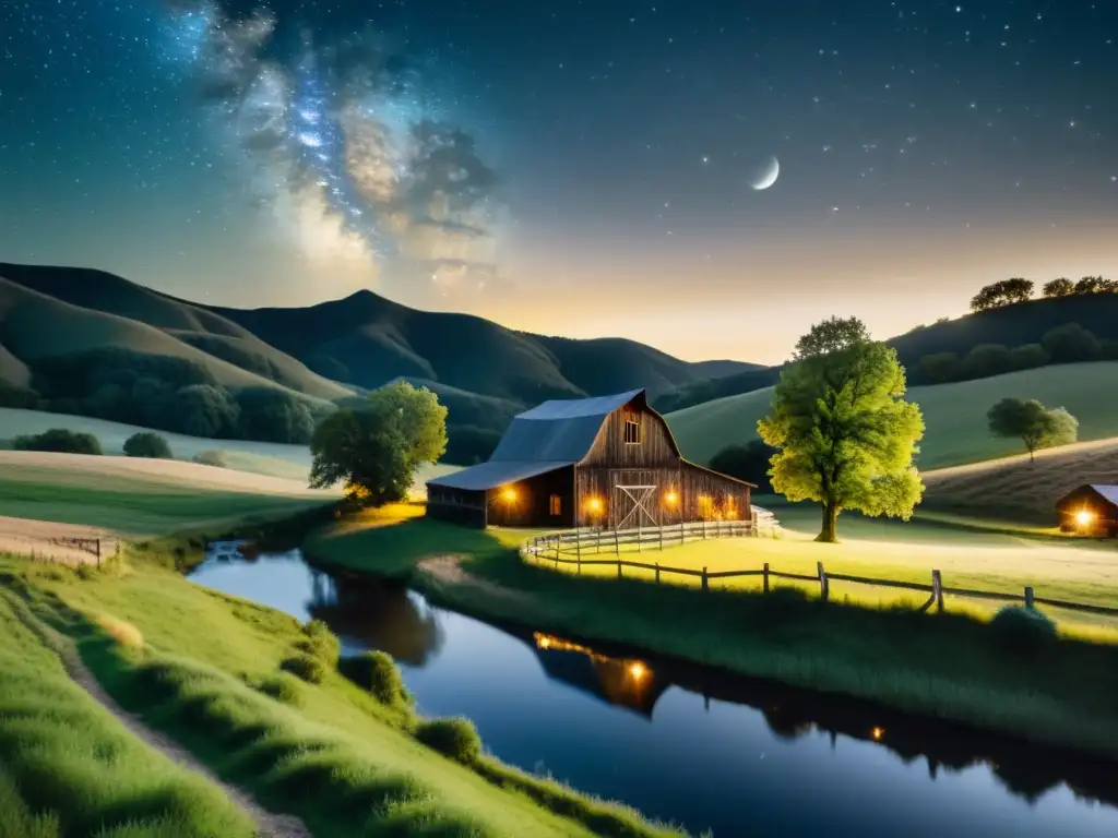 Un tranquilo paisaje nocturno con un granero antiguo iluminado por la luz de la luna, rodeado de colinas y un arroyo