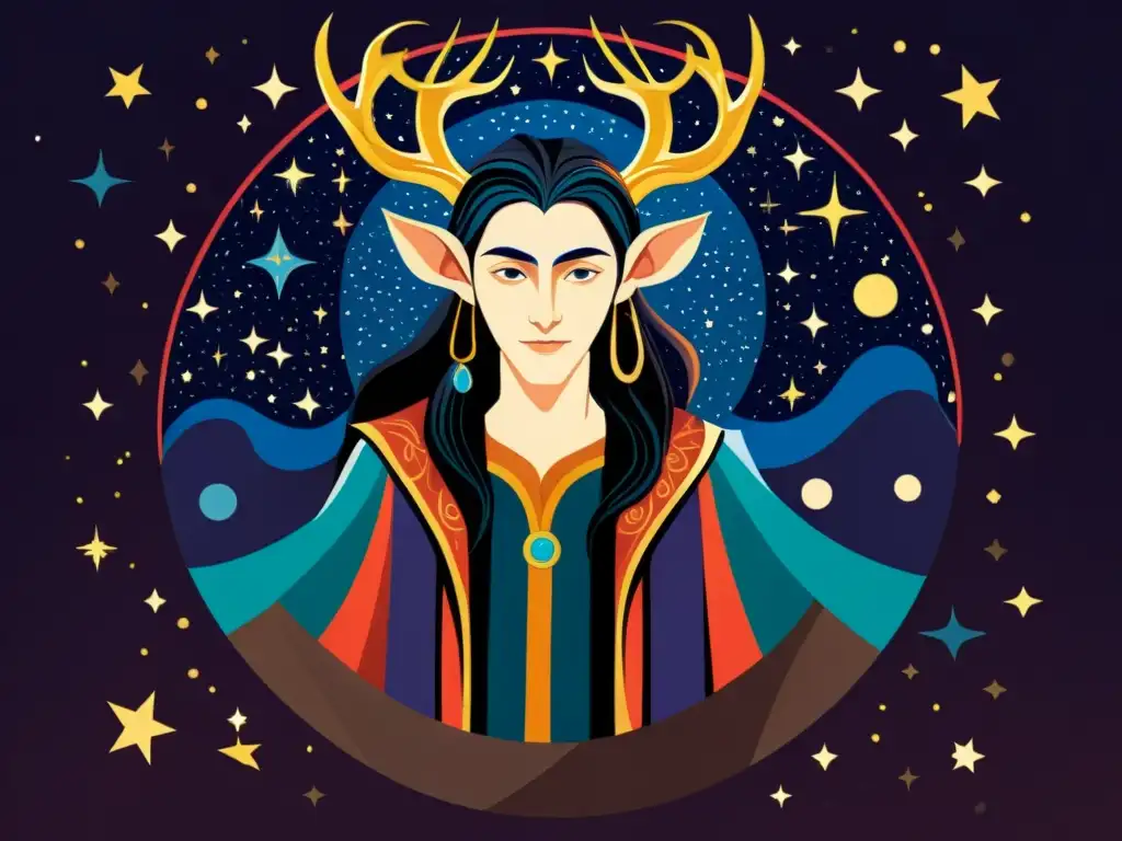 Loki, dios travieso, rodeado de constelaciones en una noche estrellada, evocando la mitología asociada a las estrellas