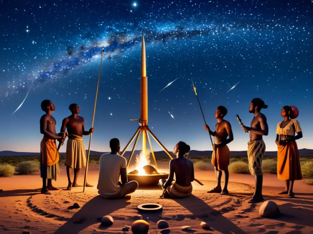 Tribus africanas practicando la astronomía con herramientas tradicionales bajo el cielo estrellado