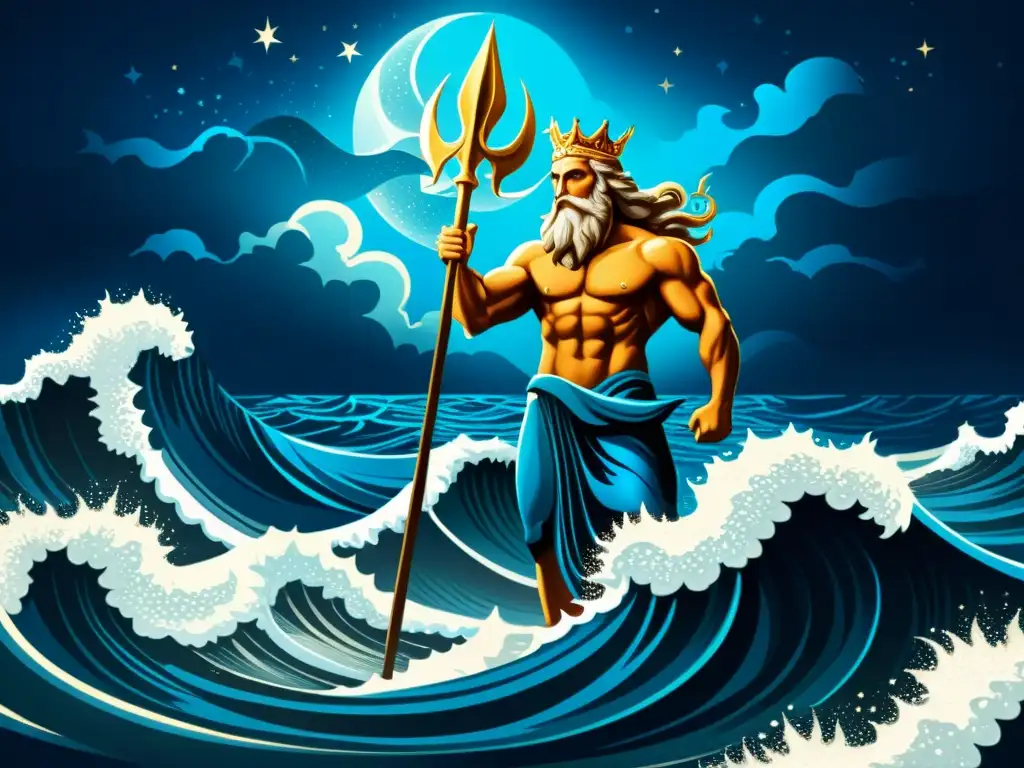 Una ilustración vintage de Poseidón, con su tridente en mano, sobre el mar tormentoso y un cielo estrellado