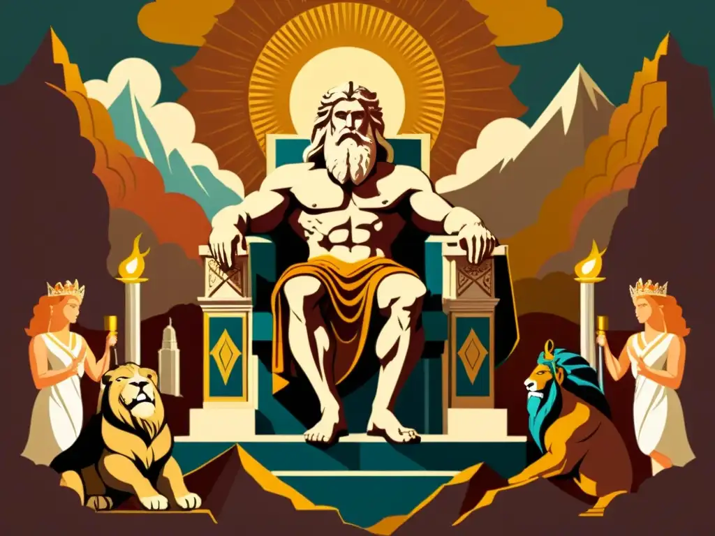 Ilustración vintage de Zeus en el trono en el Monte Olimpo con su descendencia mitológica y amantes, en tonos cálidos y evocando una narrativa antigua