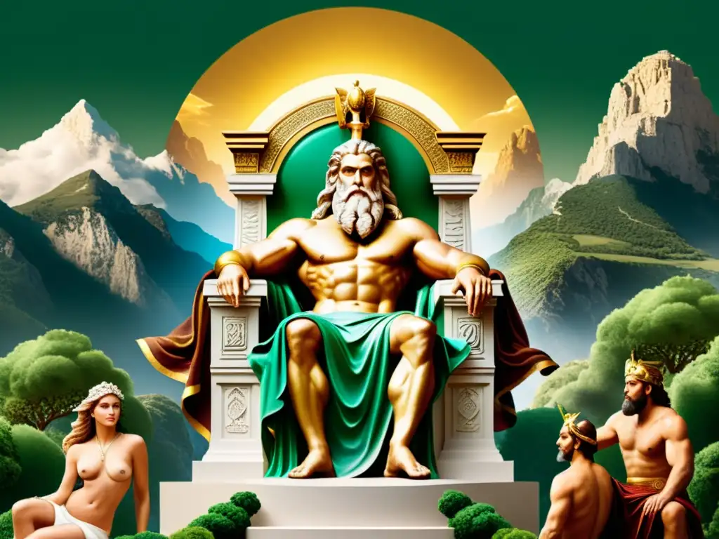 Zeus en su trono en el monte Olimpo rodeado de su descendencia mitológica, en una ilustración detallada de estilo vintage