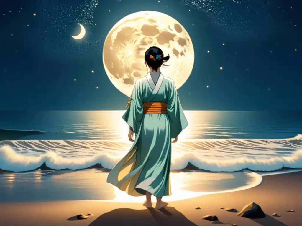 Tsukuyomi, el dios japonés de la luna, irradia serenidad en la playa bajo la influencia de Tsukuyomi en mareas celestes