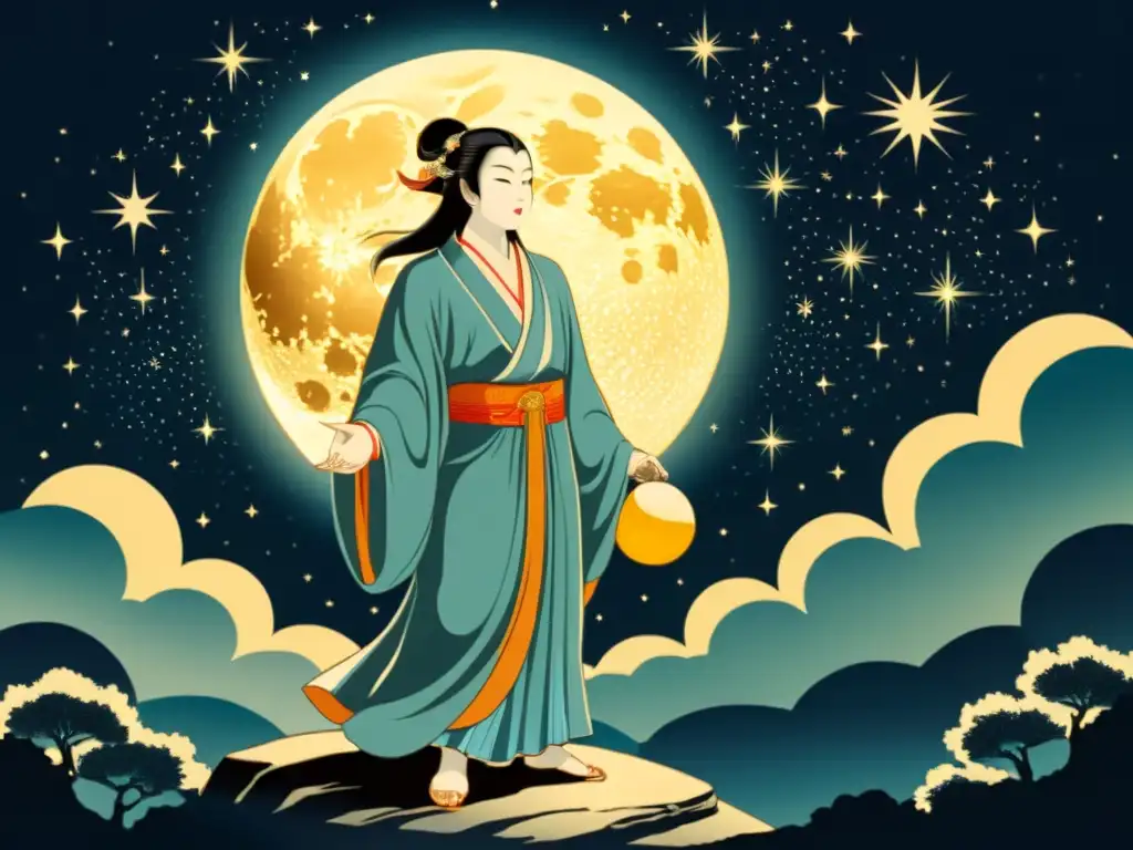 Tsukuyomi, el dios de la luna, irradia su influencia en las mareas celestes con una ilustración vintage de serenidad y misticismo