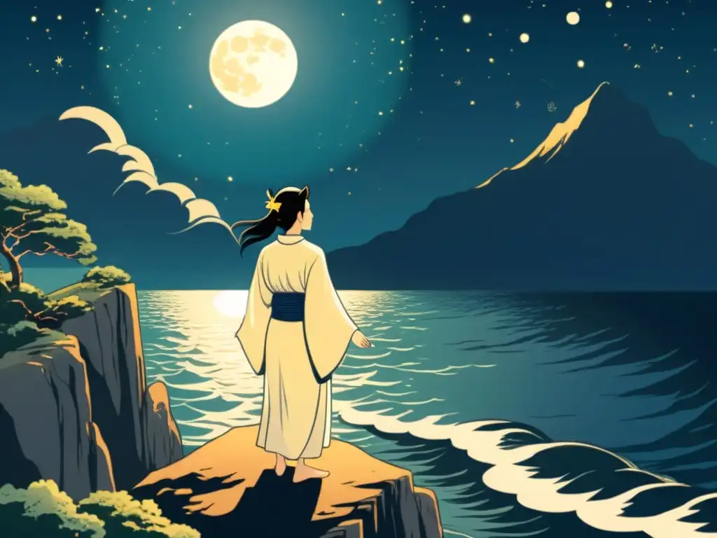 Tsukuyomi, dios de la luna, contempla el océano iluminado por la luna